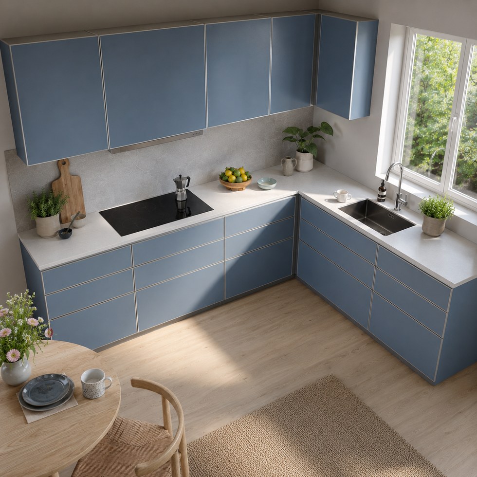 Blue Gray L-Shaped Custom Kitchen Cabinets with Slim Metallic Lines