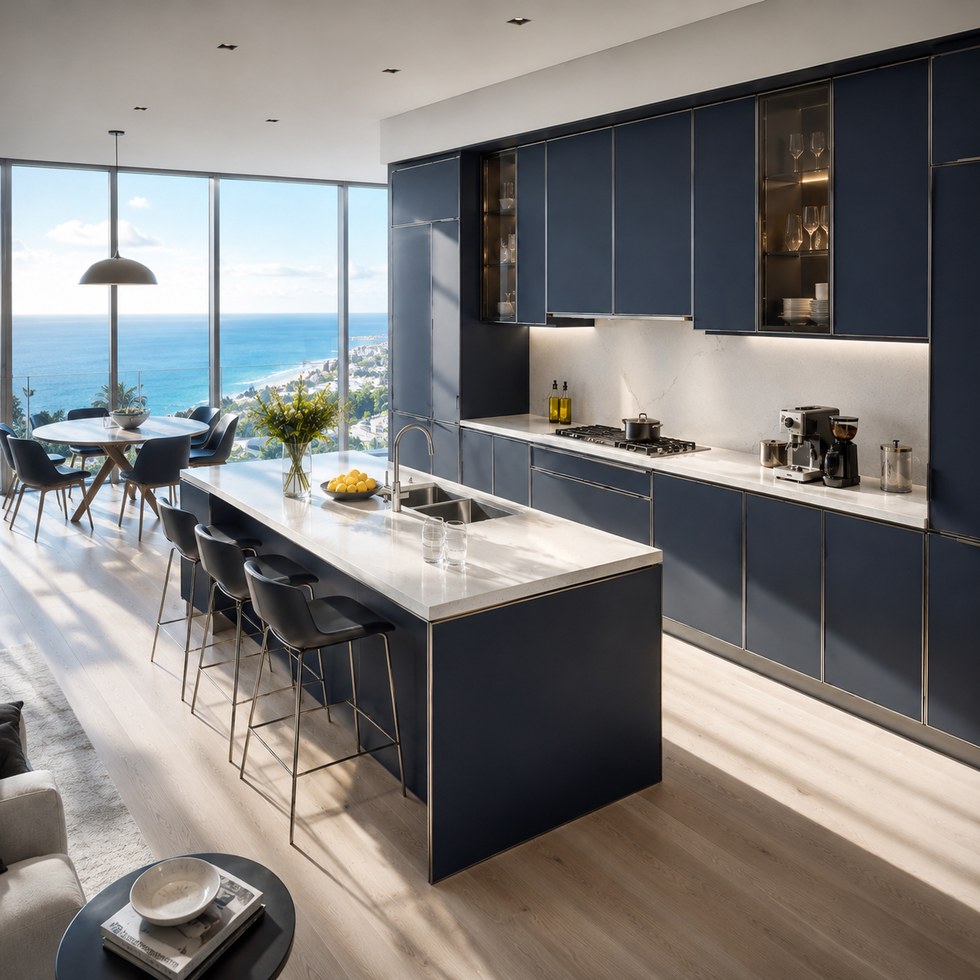 Modern Navy Blue Kitchen Cabinets With Island And Glass Display Units