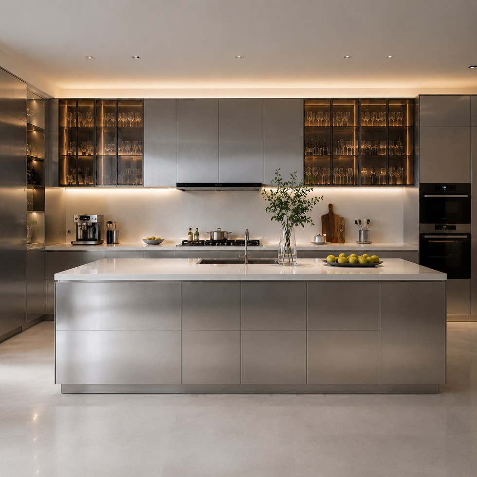 Modern Metallic Gray Kitchen Cabinets With Island and Glass Display Storage