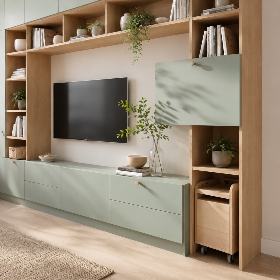 Sage Green and Wood Tone Built-In TV Cabinet with Open Shelving