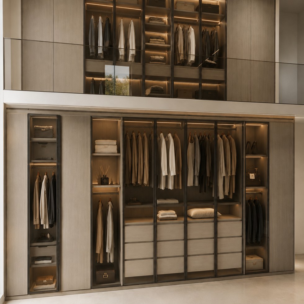 Double-Height Wood-Look Walk-In Closet Wardrobe with Glass Doors
