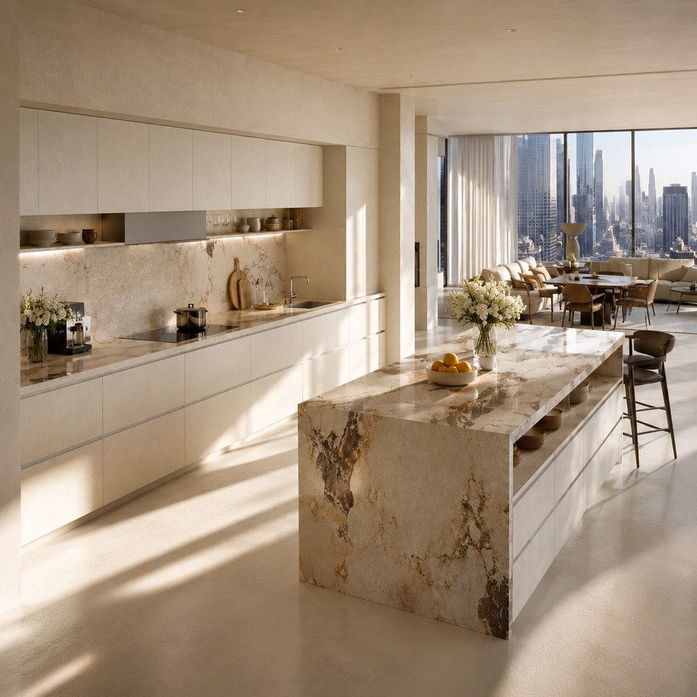 Warm Beige Handleless Kitchen Cabinets With Veined Island