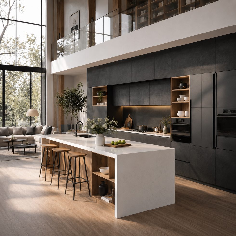 Modern Dark Charcoal Kitchen Cabinets with White Island and Wood-Tone Open Shelving