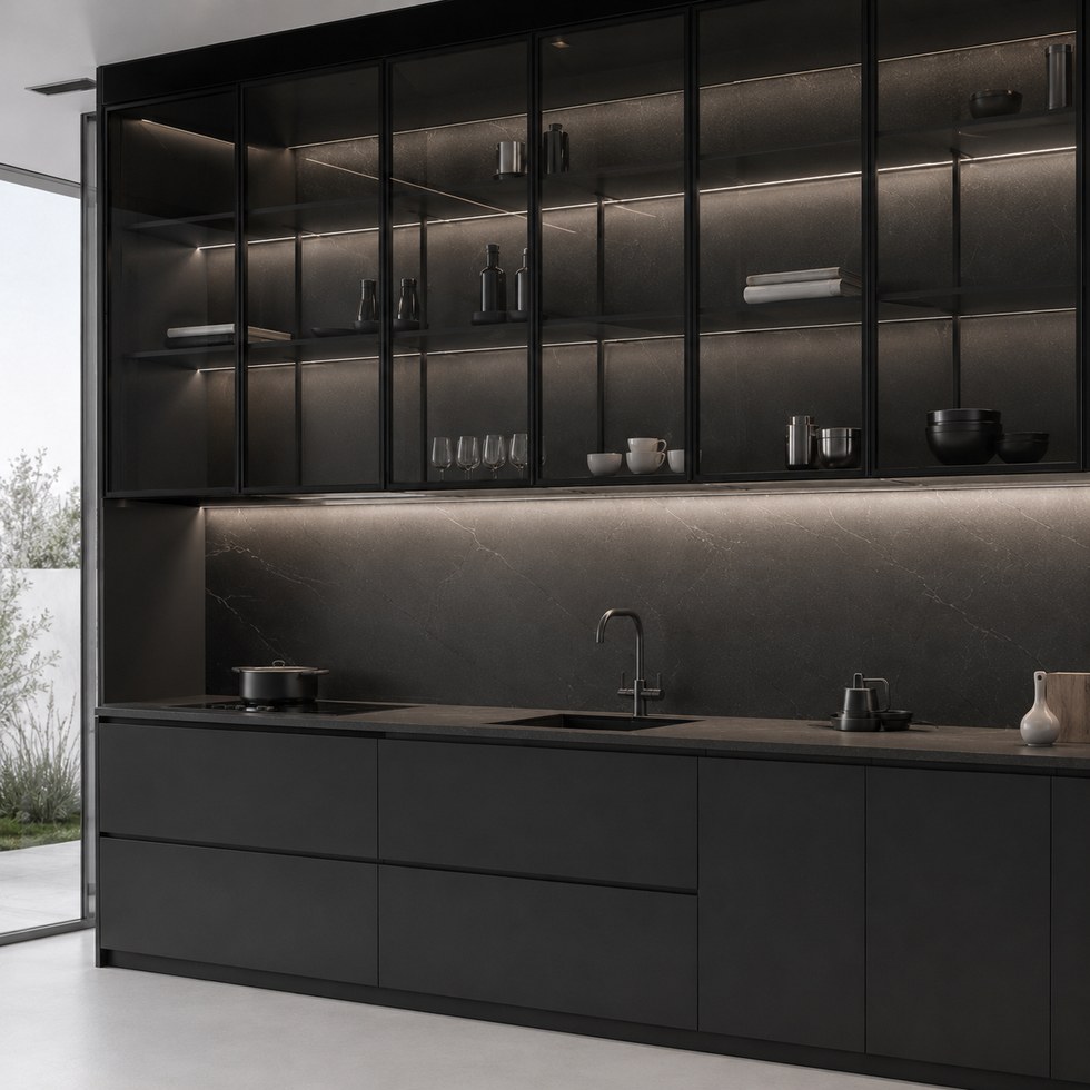 Dark Modern Kitchen Cabinets With Glass Display Wall Units