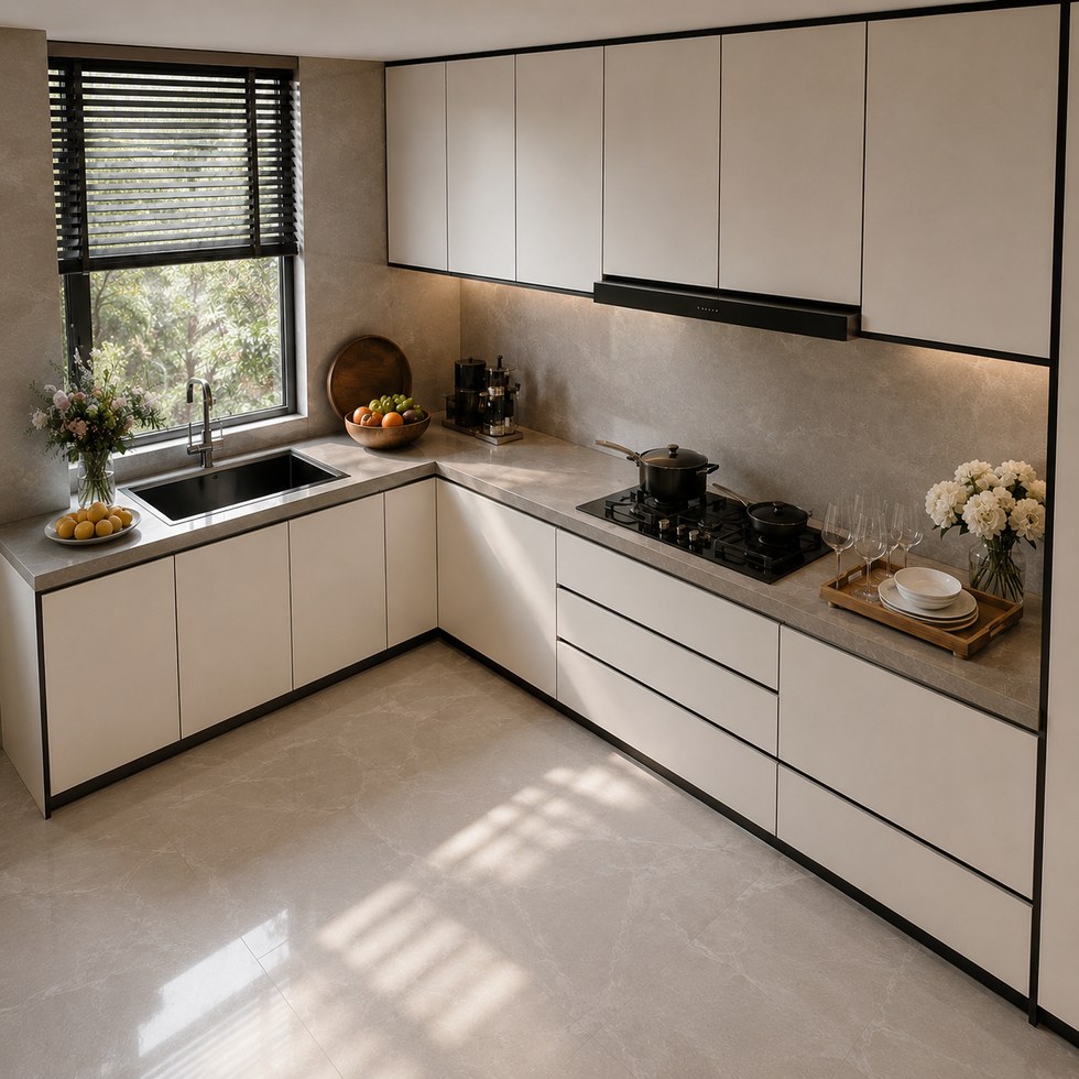 Modern Light Beige Flat Panel L-Shaped Kitchen Cabinets