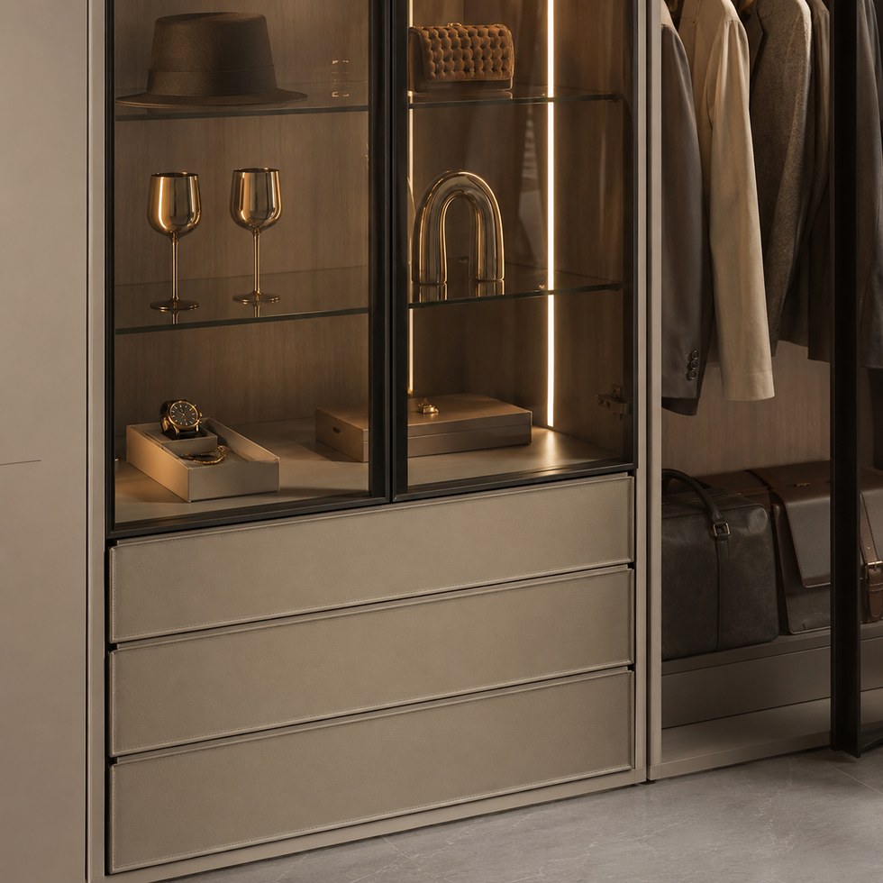 Luxury Walk-In Closet Wardrobe with Glass Display and Island Drawers