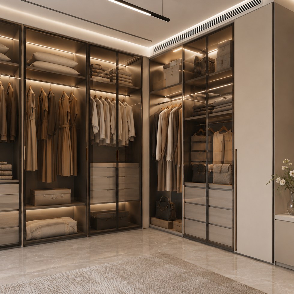 Warm Beige Glass Door Walk-In Closet Wardrobe with LED Lighting