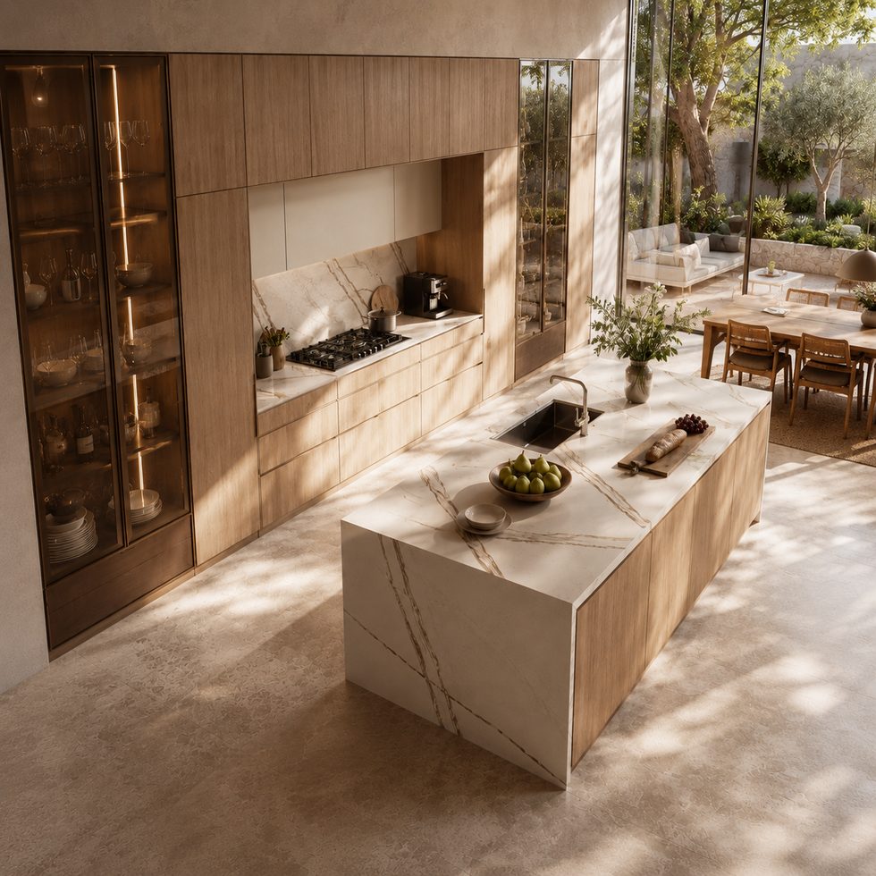 Warm Wood Grain Kitchen Cabinets With Glass Display Towers and Island