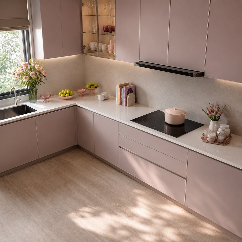 Blush Pink L-Shaped Handleless Kitchen Cabinets with Glass Display