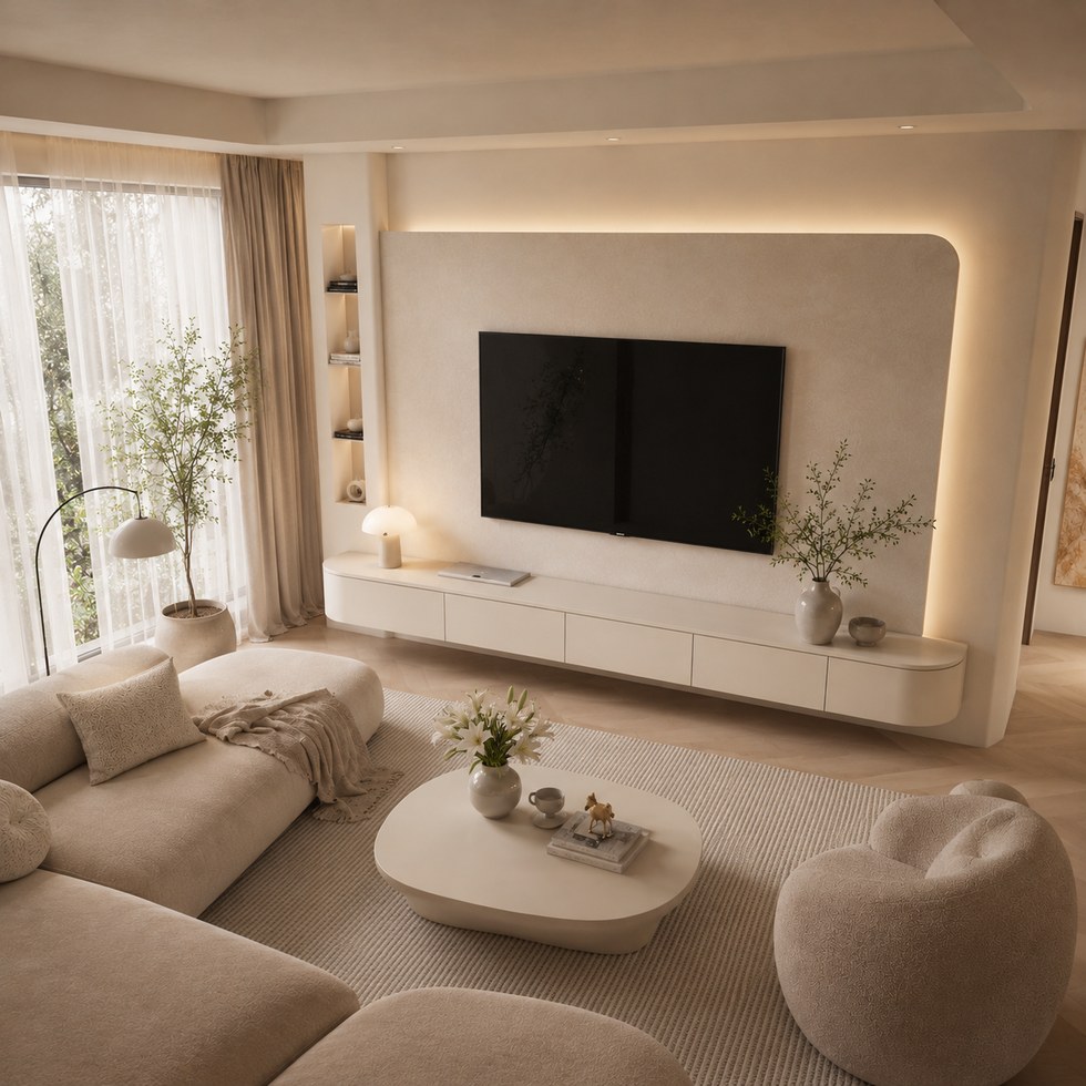 Modern Floating TV Cabinet With Rounded Backdrop Panel And Warm LED Display Shelves