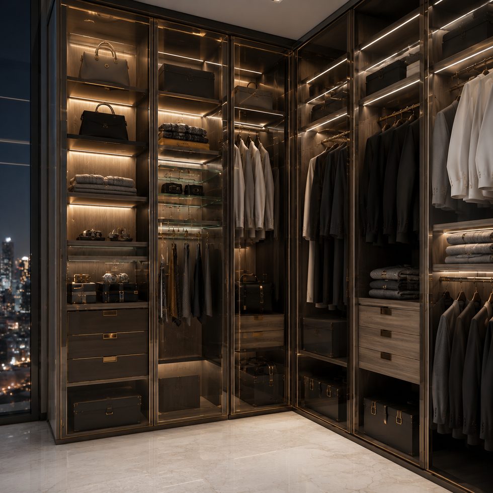 Luxury Tinted Glass Walk-In Closet Wardrobe With Warm Lighting