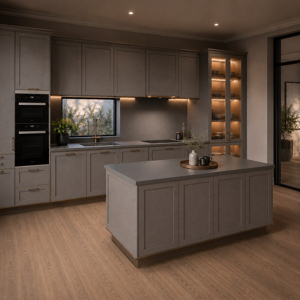 Warm Gray Kitchen Cabinets with Island Display Towers