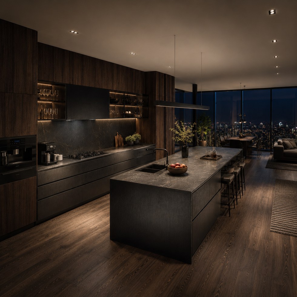 Dark Wood Look Luxury Kitchen Cabinets With Matte Charcoal Island