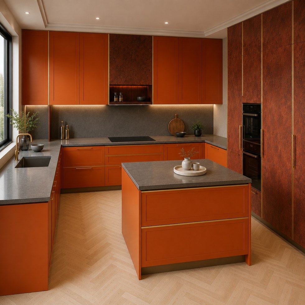 Burnt Orange U-Shaped Kitchen Cabinets with Island