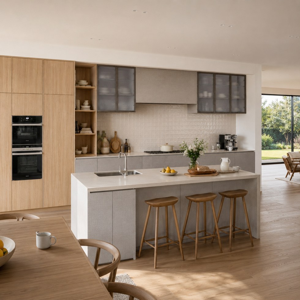 Modern Wood Grain and Grey Island Kitchen Cabinets with Glass Uppers