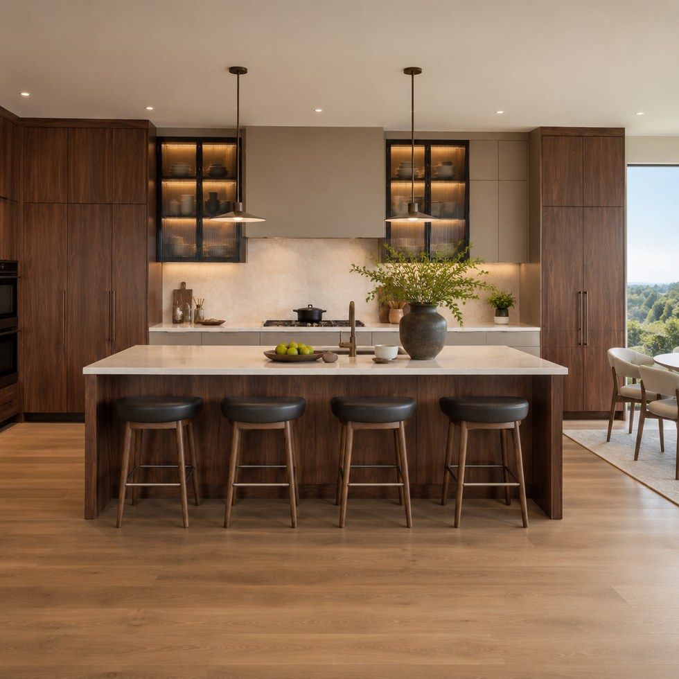 Warm Wood Grain Kitchen Cabinets with Island and Smoked Glass Display Units
