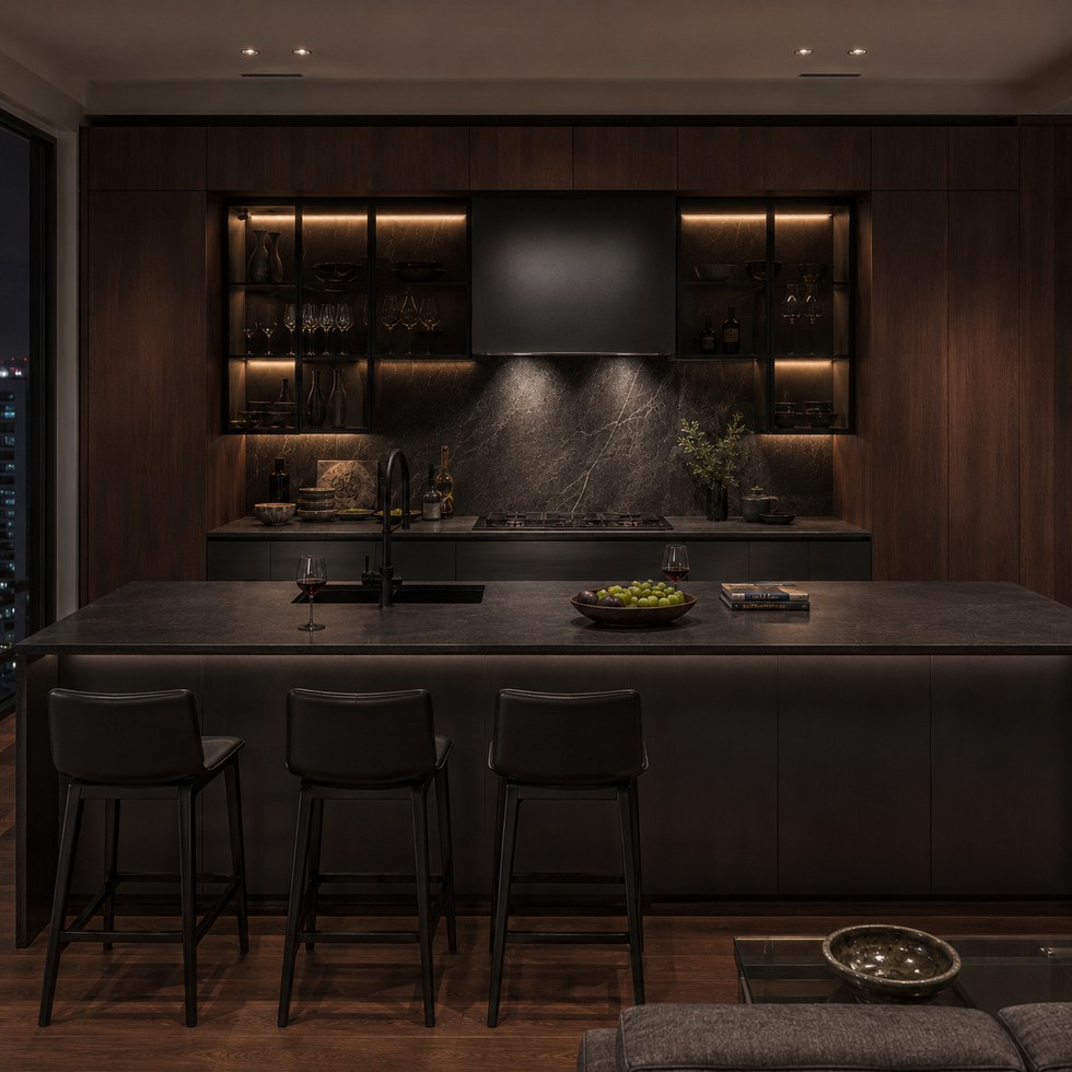 Dark Wood Grain Kitchen Cabinets With Black Island and Glass Display Units