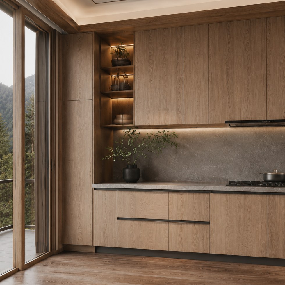 Natural Wood Grain Modern Kitchen Cabinets With Stone-Look Countertop