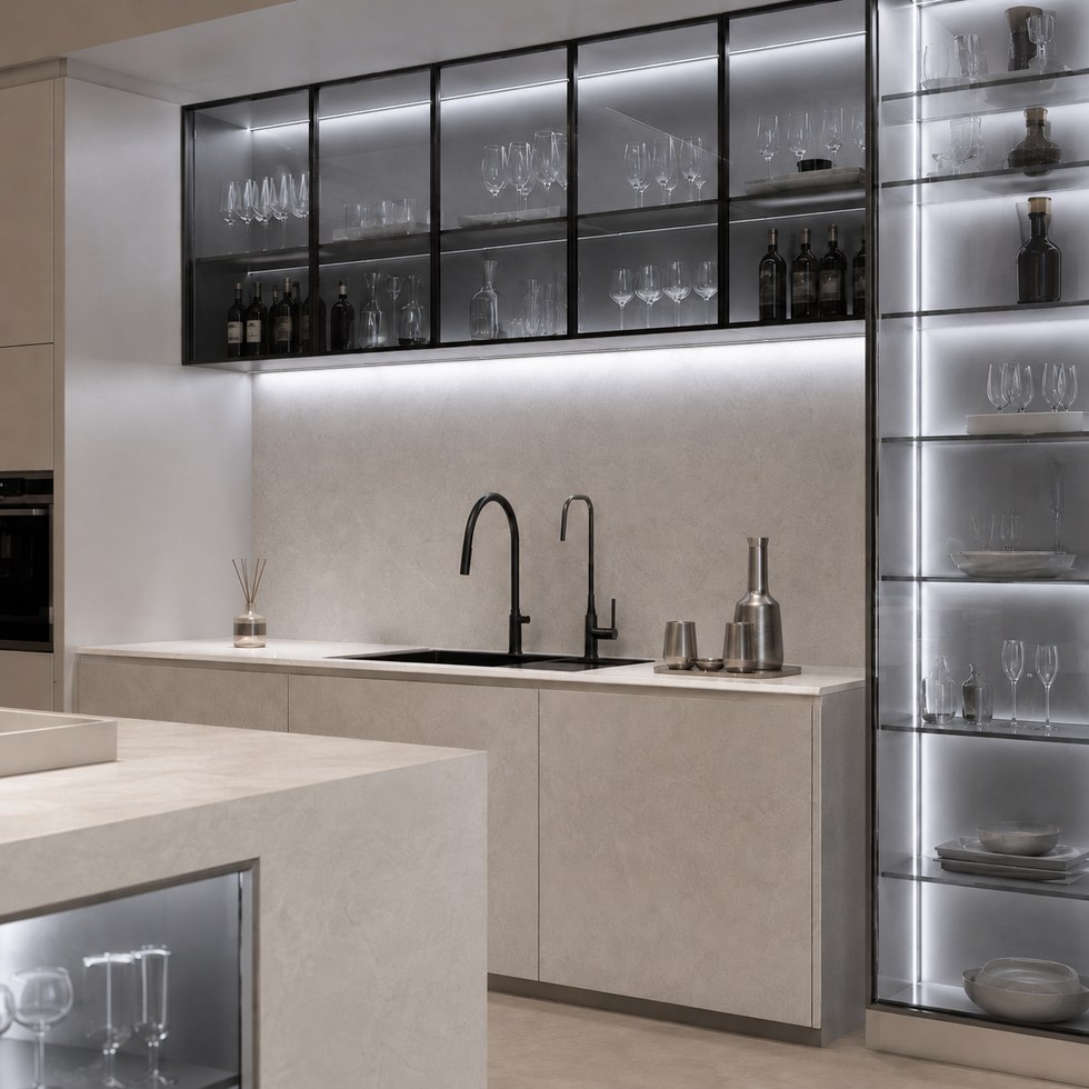 Luxury Stone-Look Kitchen Cabinets with Glass Display Storage and Island