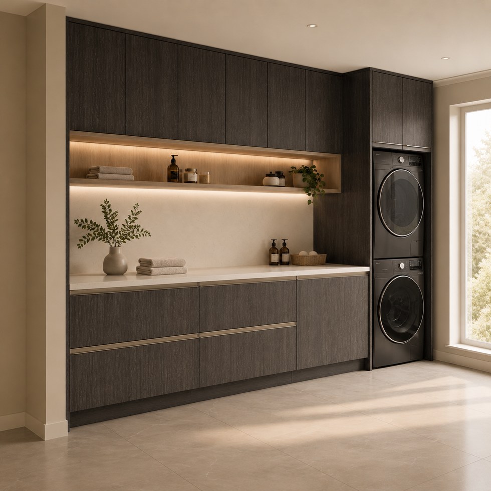 Dark Wood-Look Laundry Room Cabinets with Stacked Appliances