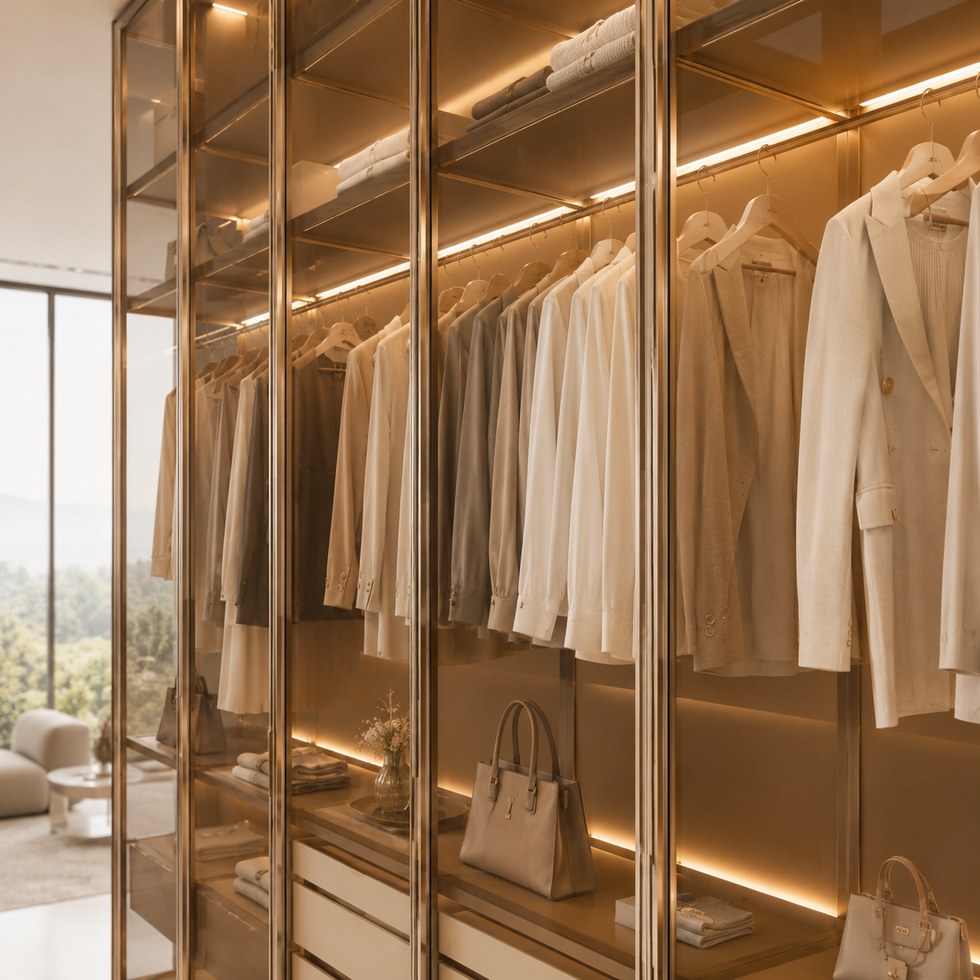 Luxury Amber Glass Walk-In Closet Wardrobe with Warm LED Shelving