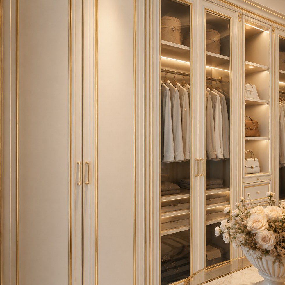 Ivory Walk-In Closet Wardrobe with Glass Doors and Gold-Tone Trim