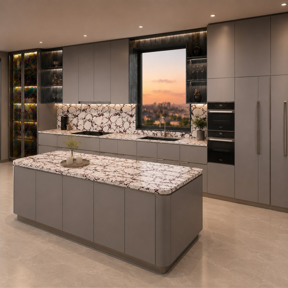 Kitchen Cabinets with Patterned Stone Island and Glass Displays
