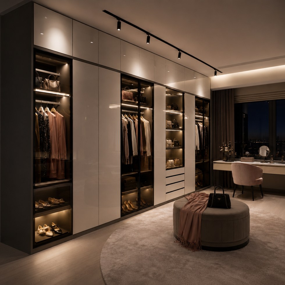 Luxury Light Neutral Walk-In Closet Wardrobe with Dark Framed Glass Display Sections