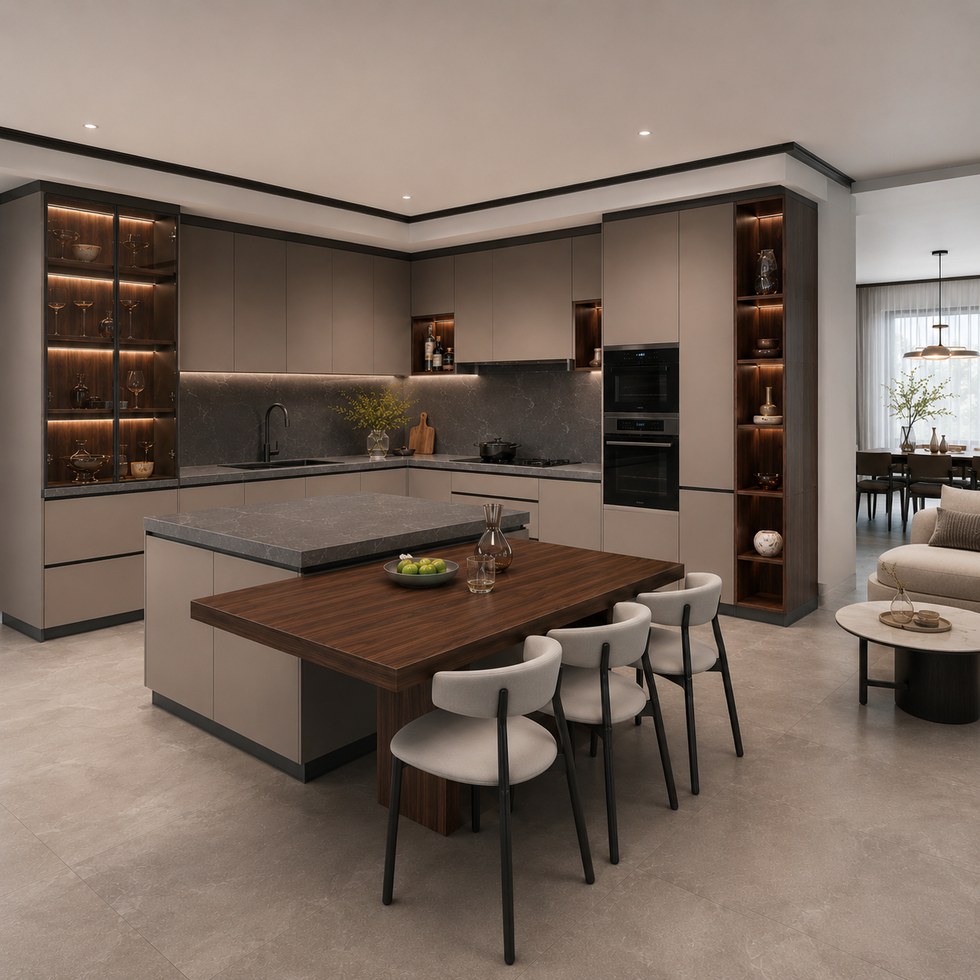 Taupe Kitchen Cabinets with Island Dining Extension