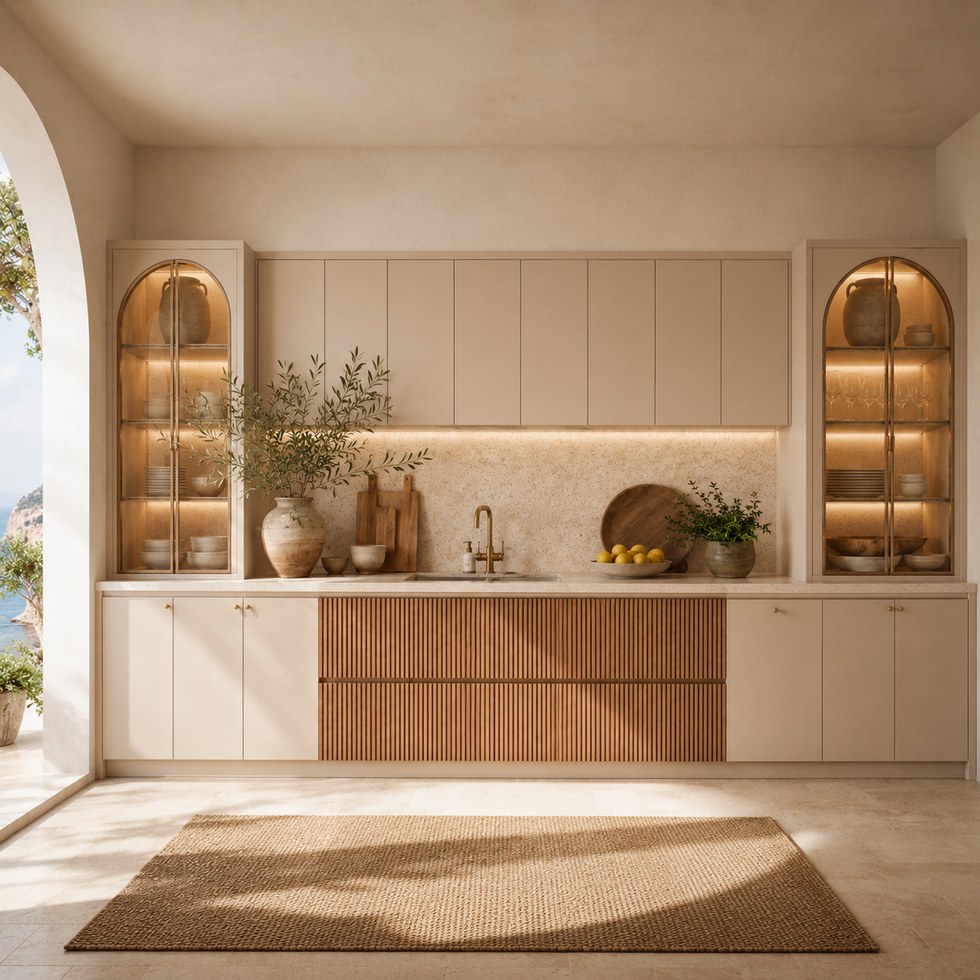 Warm Beige Kitchen Cabinets With Arched Glass Display Towers