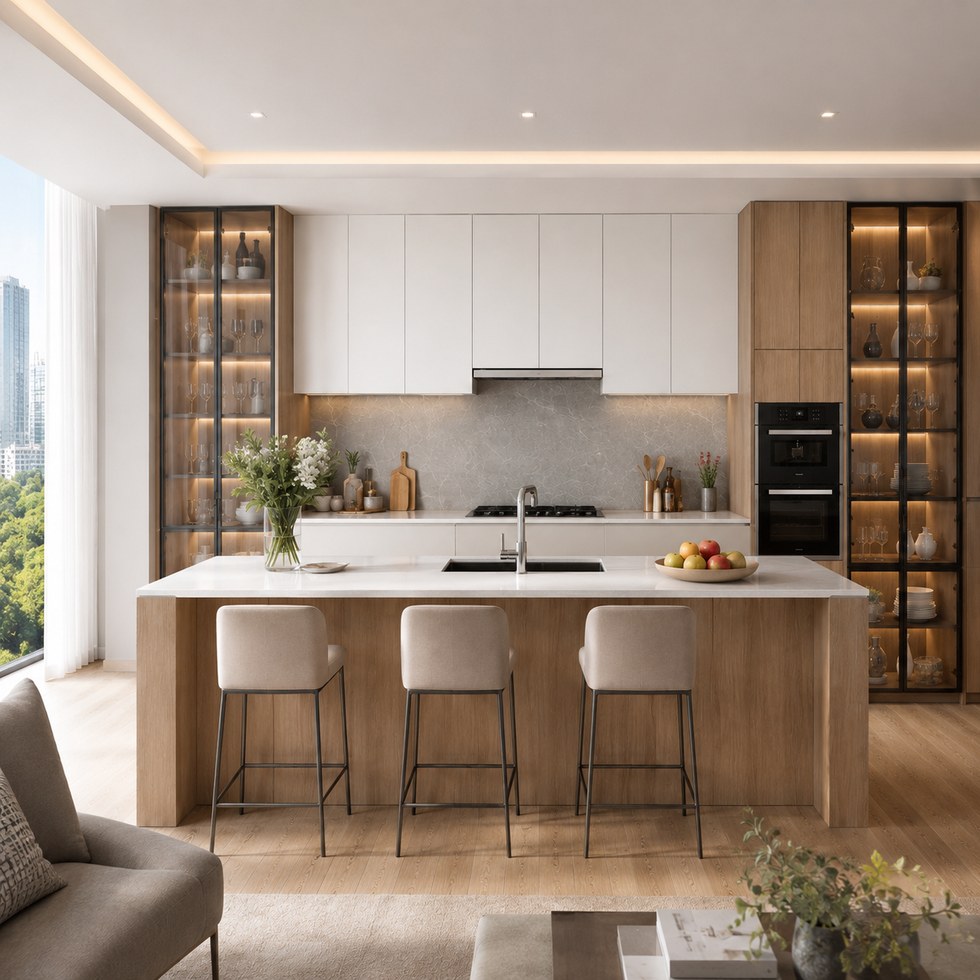 Modern Wood Tone and White Kitchen Cabinets With Island and Glass Display Storage