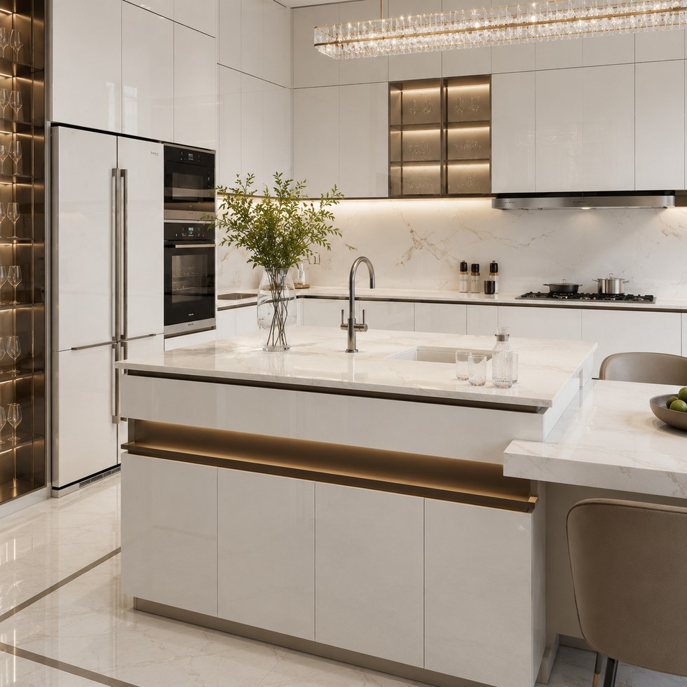 Modern White Glossy Kitchen Cabinets With Island and Glass Display Storage