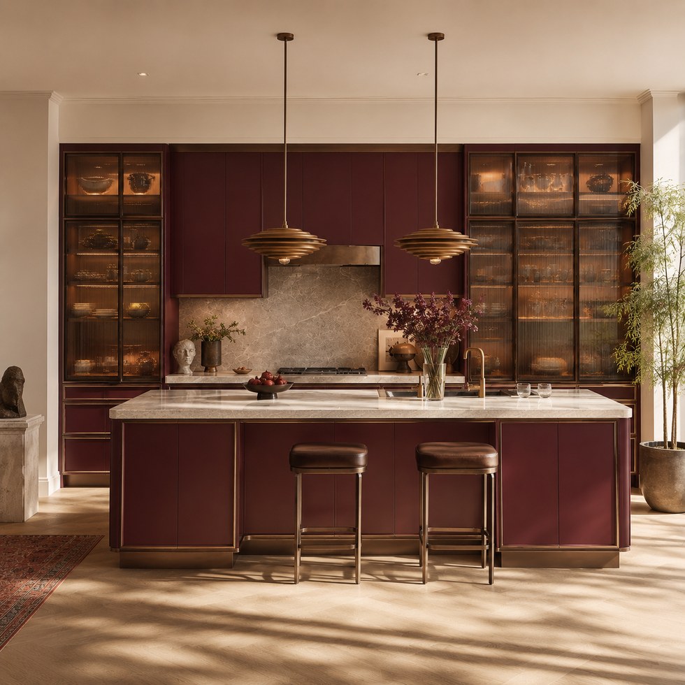 Burgundy Luxury Kitchen Cabinets with Glass Display Units and Island