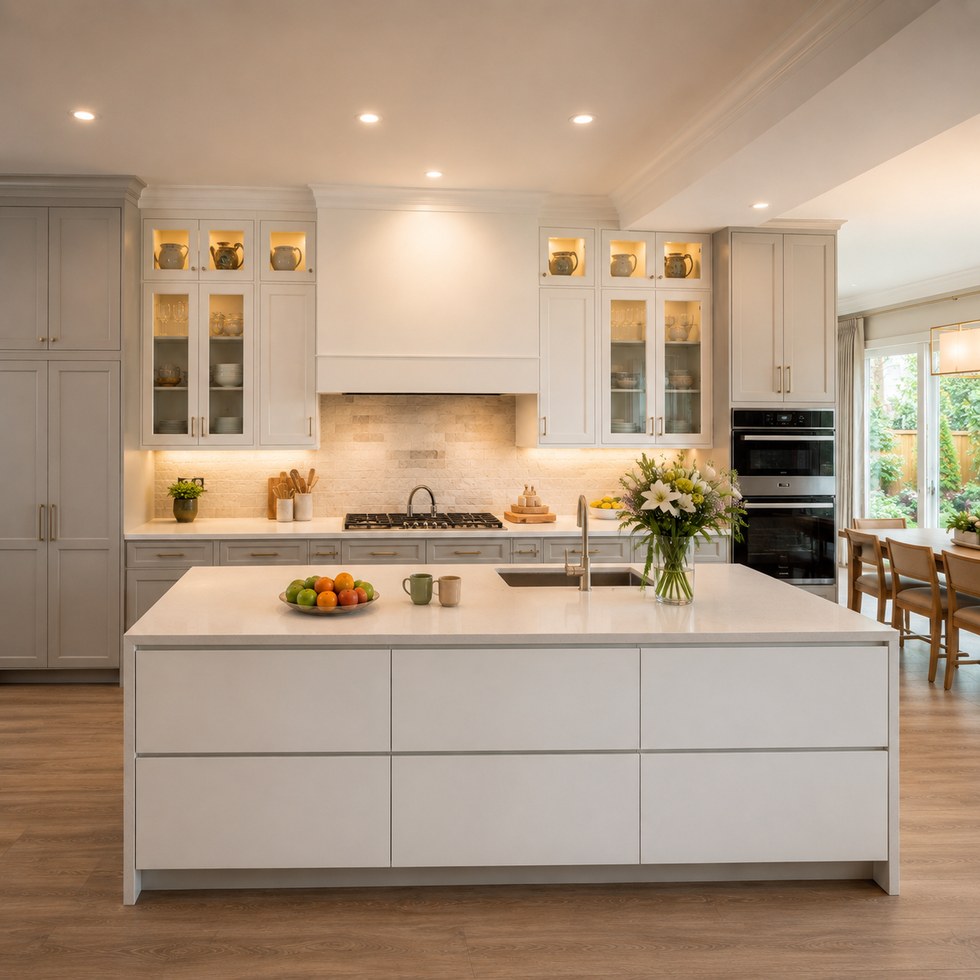 Bright White Shaker Kitchen Cabinets With Glass Display Uppers and Island Layout