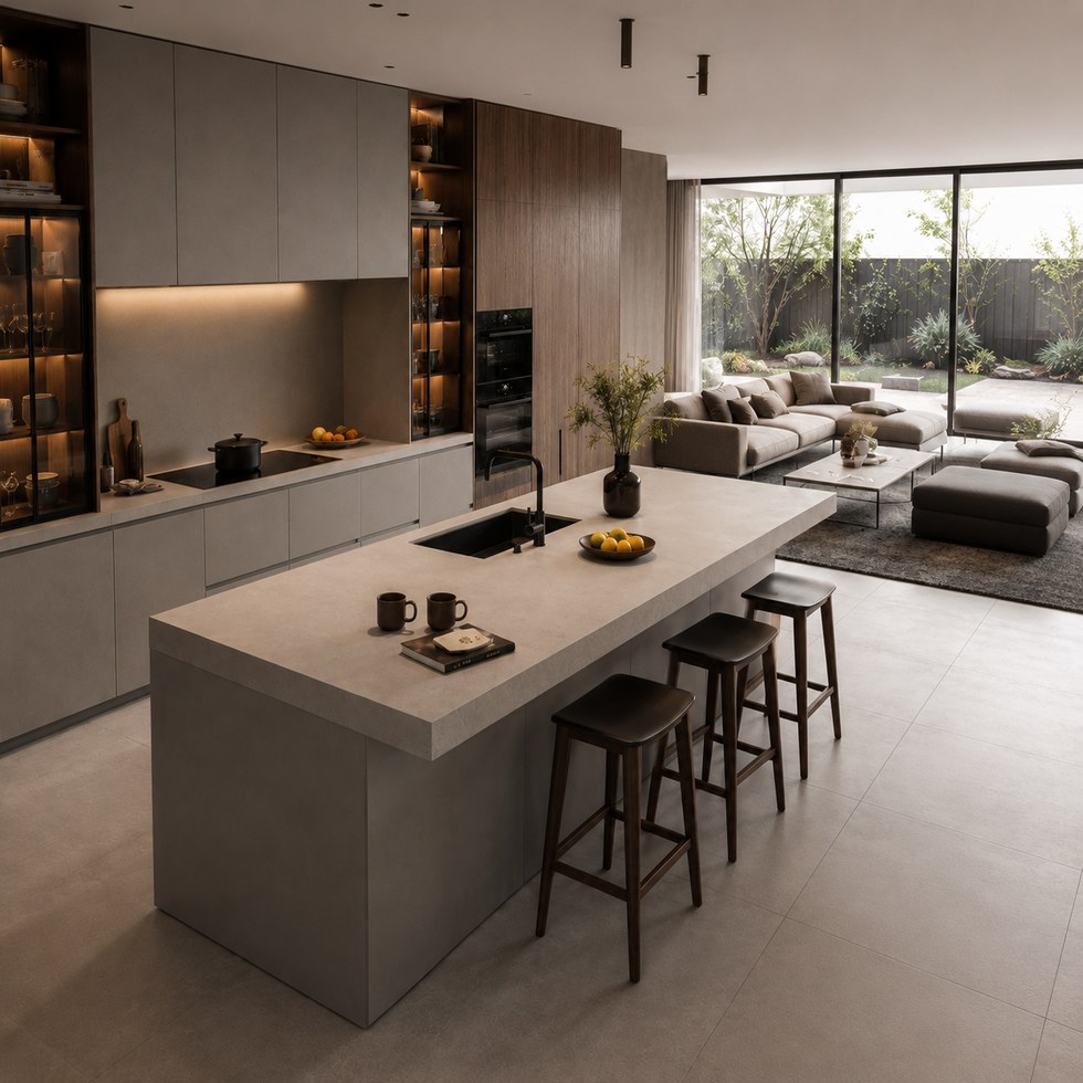 Modern Wood Grain and Matte Gray Kitchen Cabinets With Island