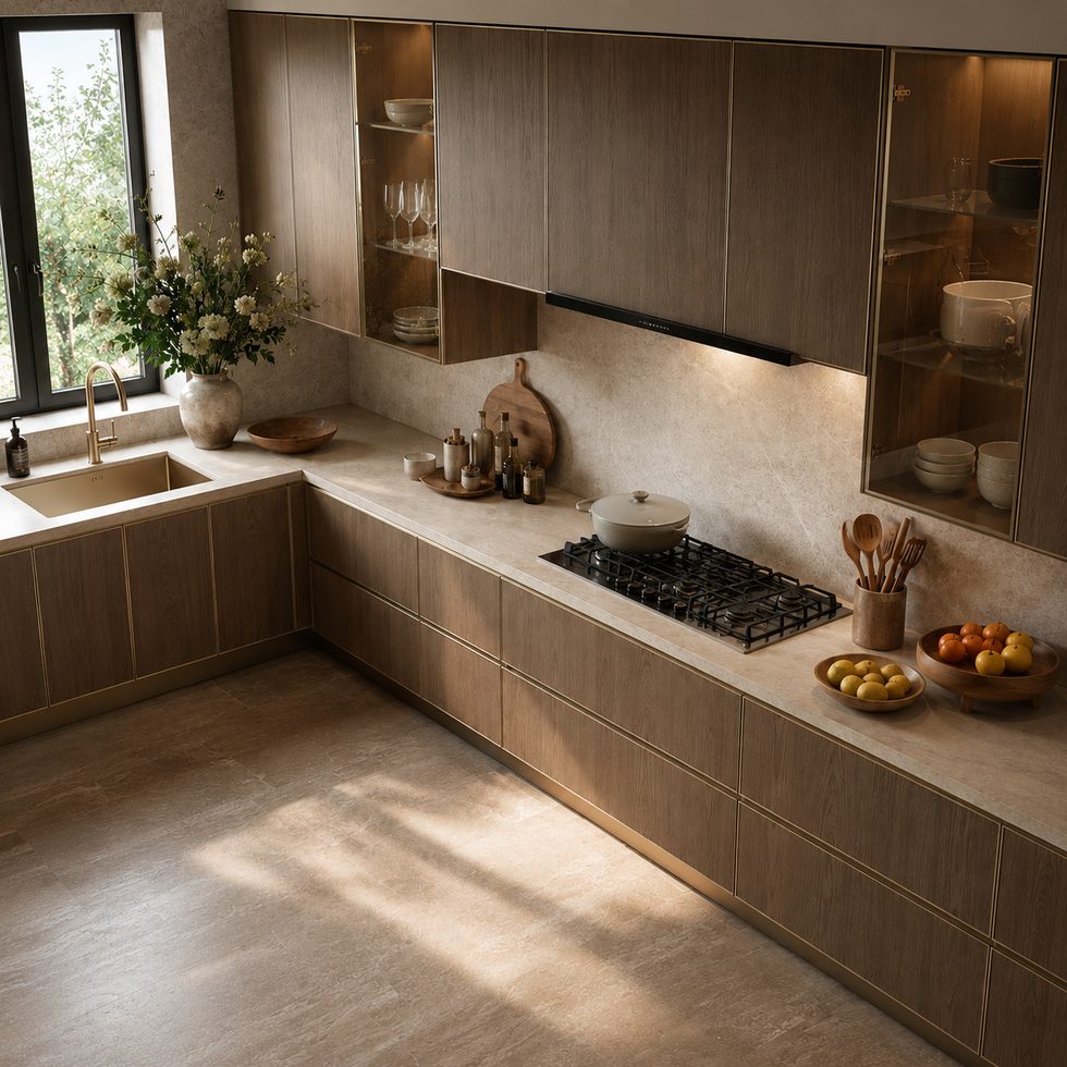 Warm Wood Grain Modern Kitchen Cabinets With Glass Display Sections