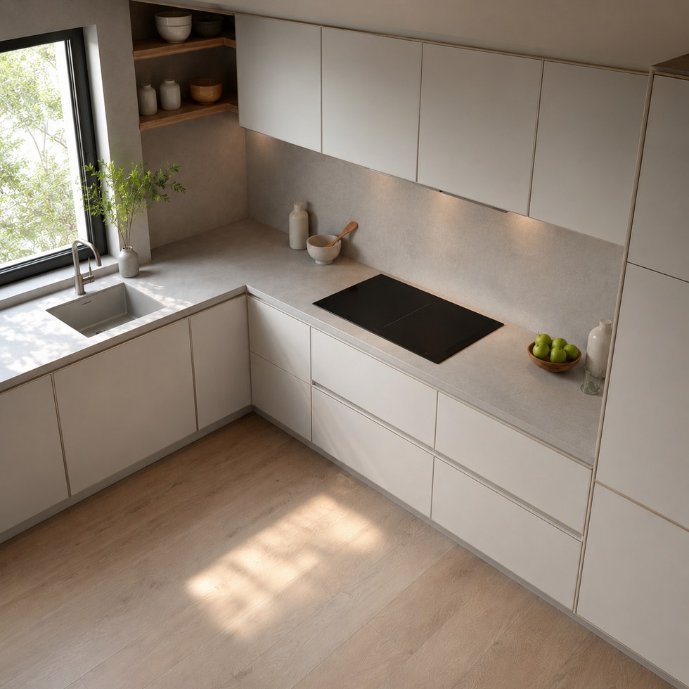 Light Neutral Flat Panel L Shaped Kitchen Cabinets with Tall Storage