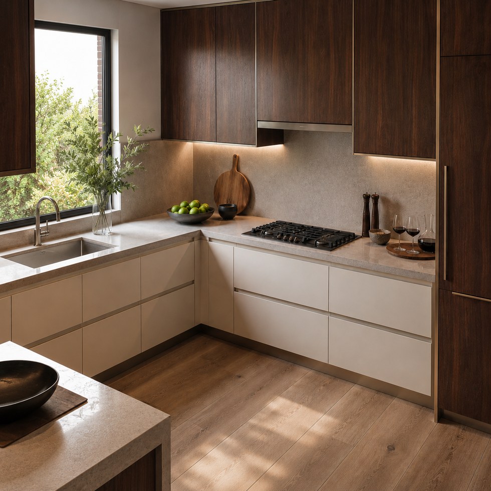 Dark Wood Grain and Cream Slab Custom Kitchen Cabinets