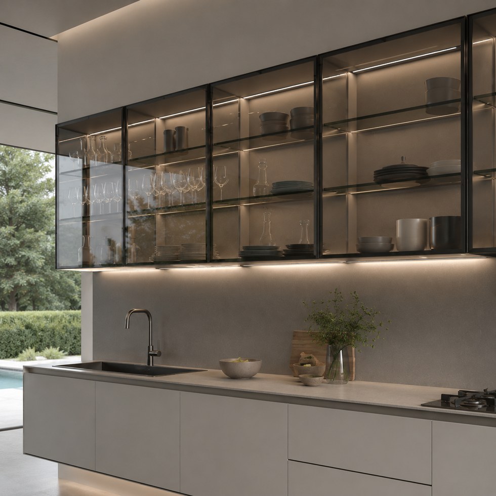 Modern Light Gray Kitchen Cabinets with Dark Framed Glass Wall Units