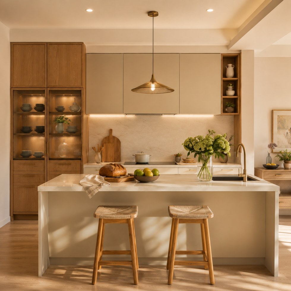 Warm Wood and Cream Kitchen Cabinets With Island and Glass Display Towers