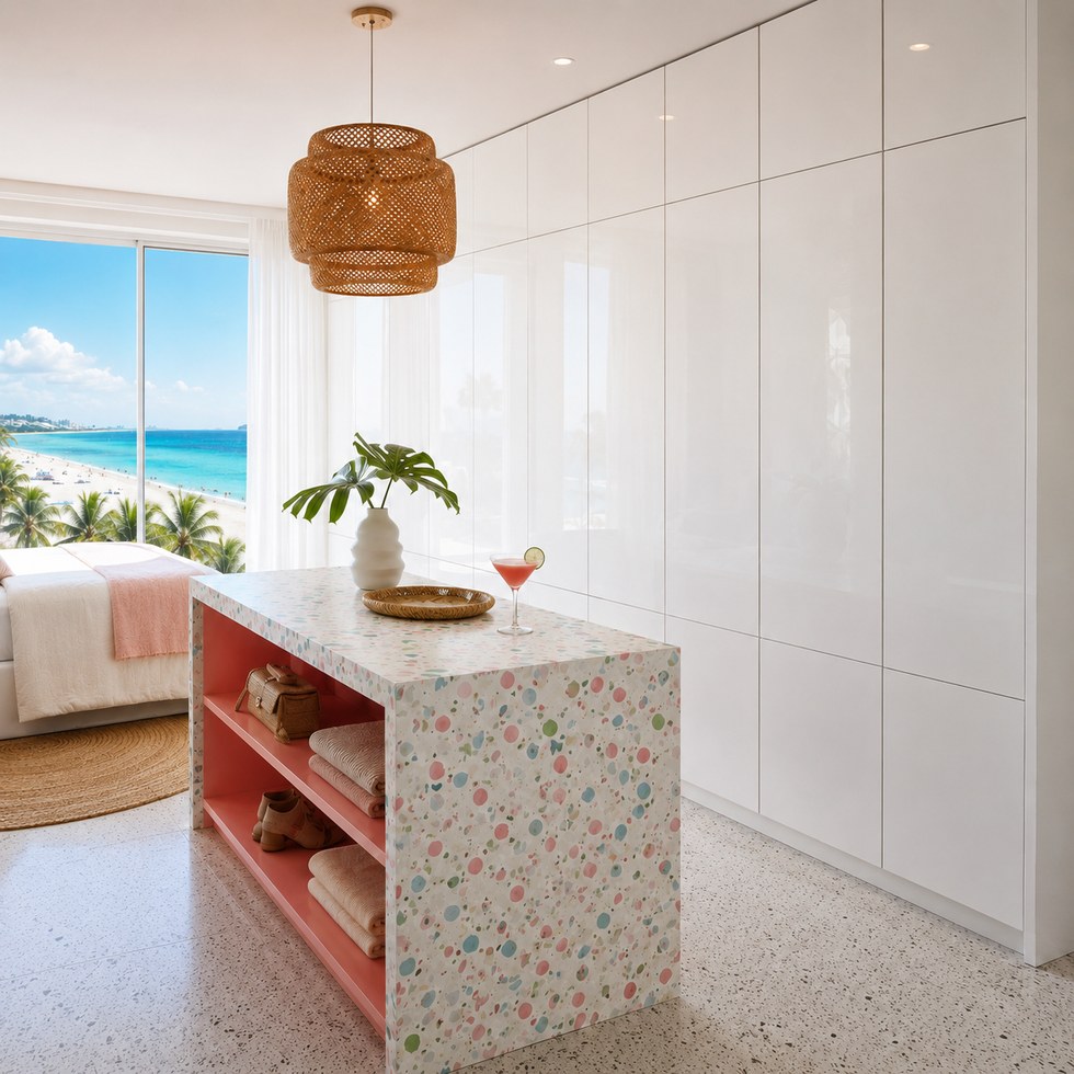 Glossy White Walk-In Closet Wardrobe With Terrazzo Look Island
