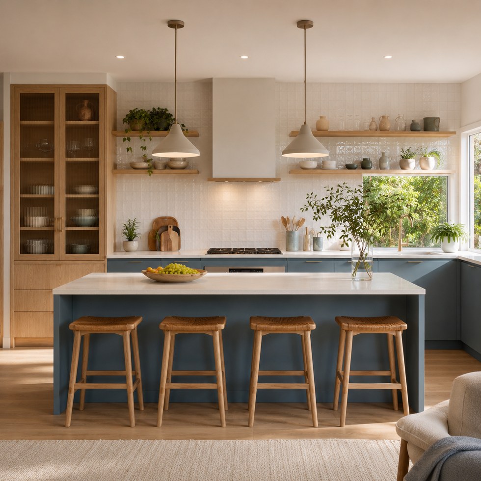 Blue Gray Kitchen Cabinets with Wood-Look Tall Storage and Island Seating