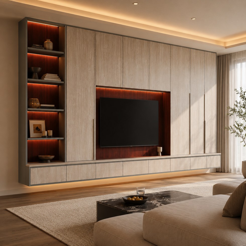 Light Wood TV Cabinet with Display Shelves and Floating Console