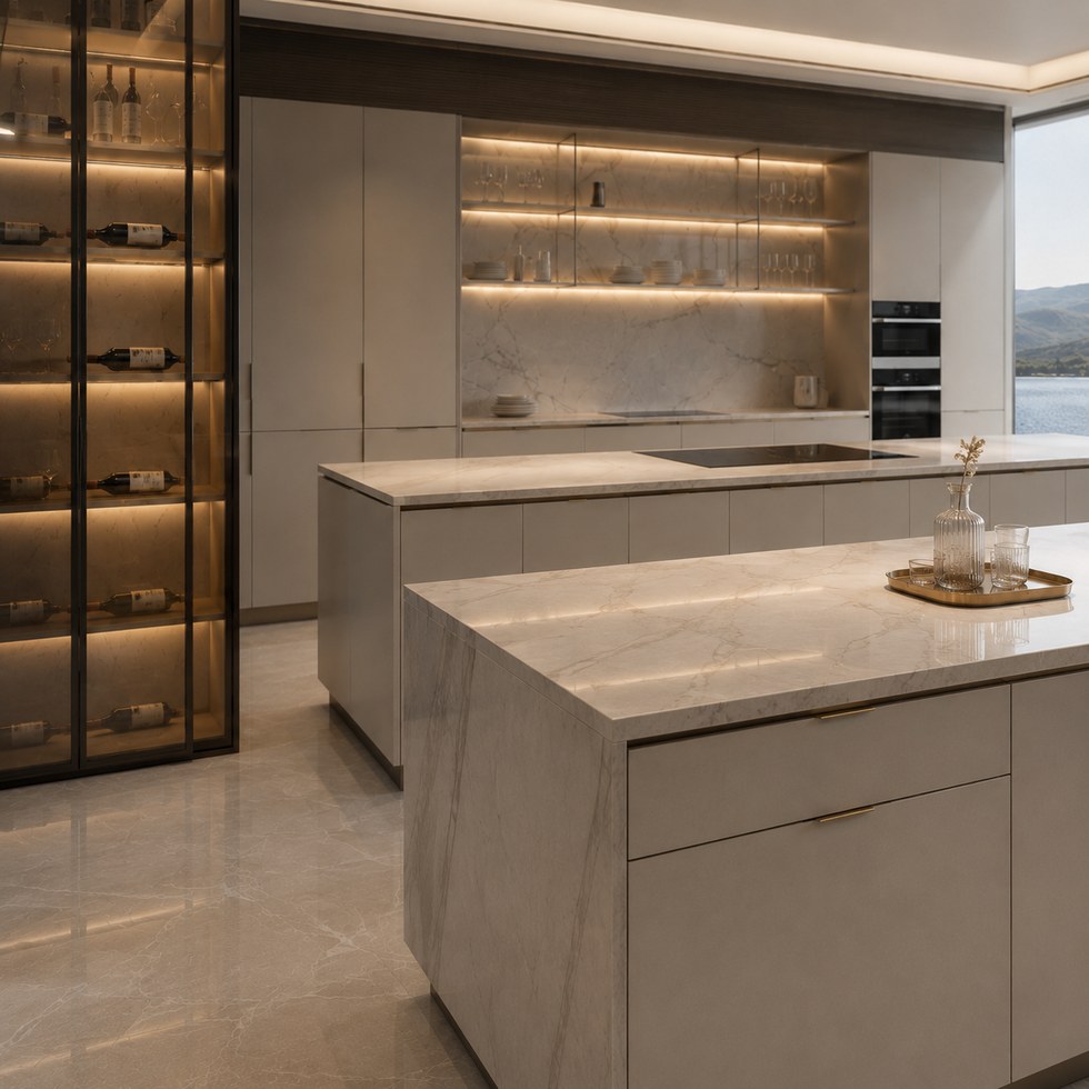 Luxury Light Taupe Island Kitchen Cabinets with Glass Display Cabinet