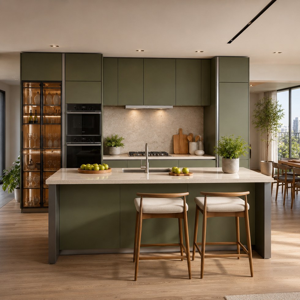Olive Green Modern Kitchen Cabinets With Island and Glass Display Storage