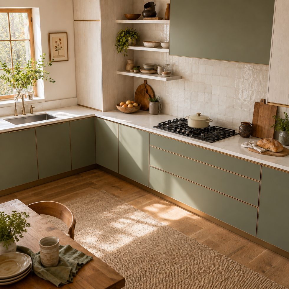 Sage Green Flat Panel Kitchen Cabinets with Light Wood Tone Tall Units
