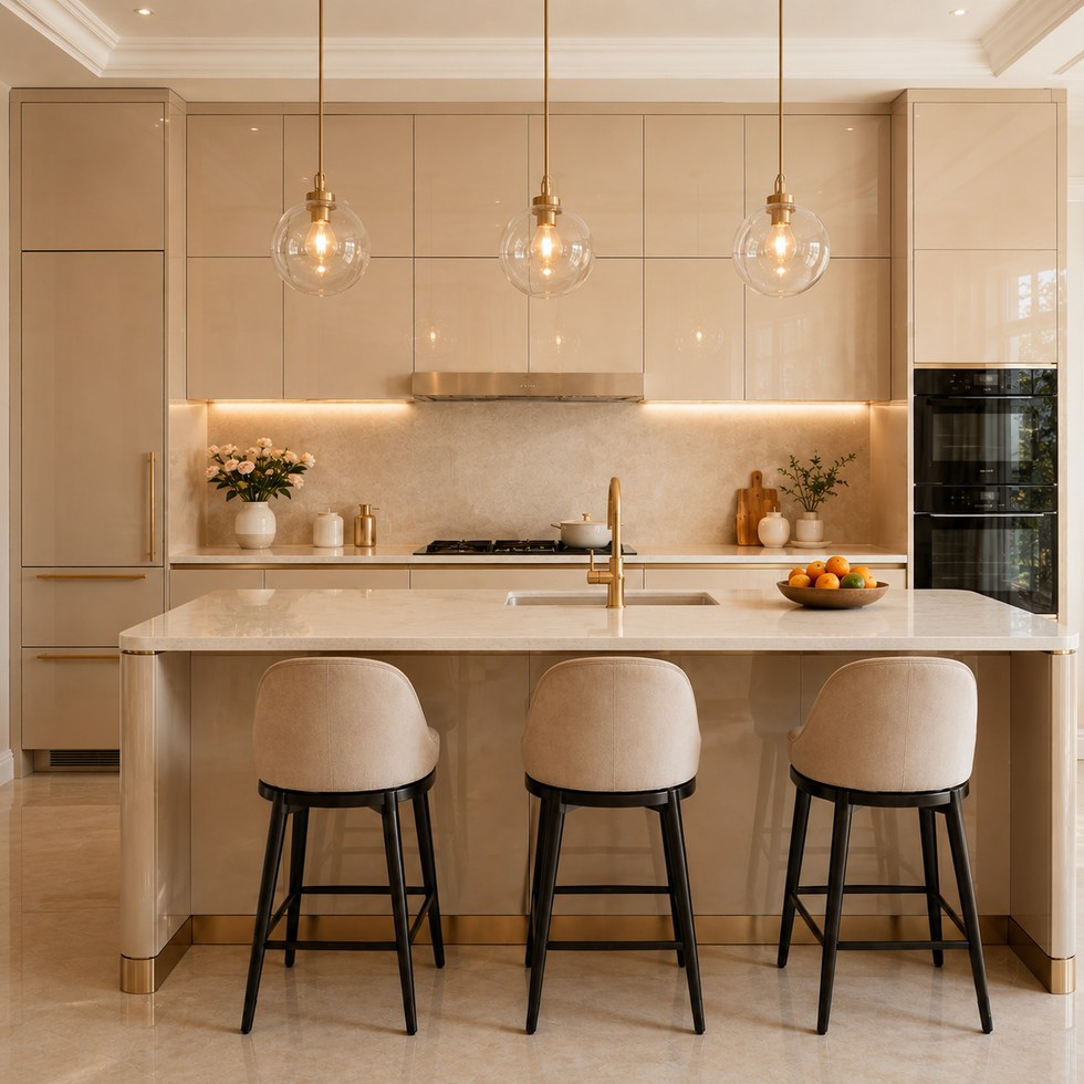 Glossy Beige Modern Kitchen Cabinets With Island and Warm Lighting