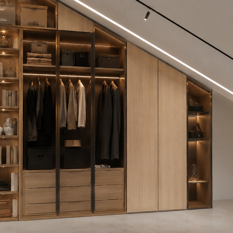 Loft Sloped Ceiling Walk-In Closet Wardrobe with Warm Lighting