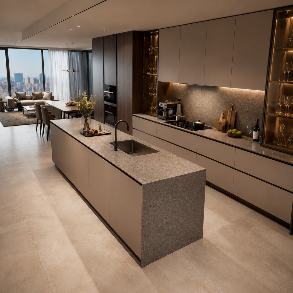 Modern Taupe Kitchen Cabinets With Island And Glass Display Shelving