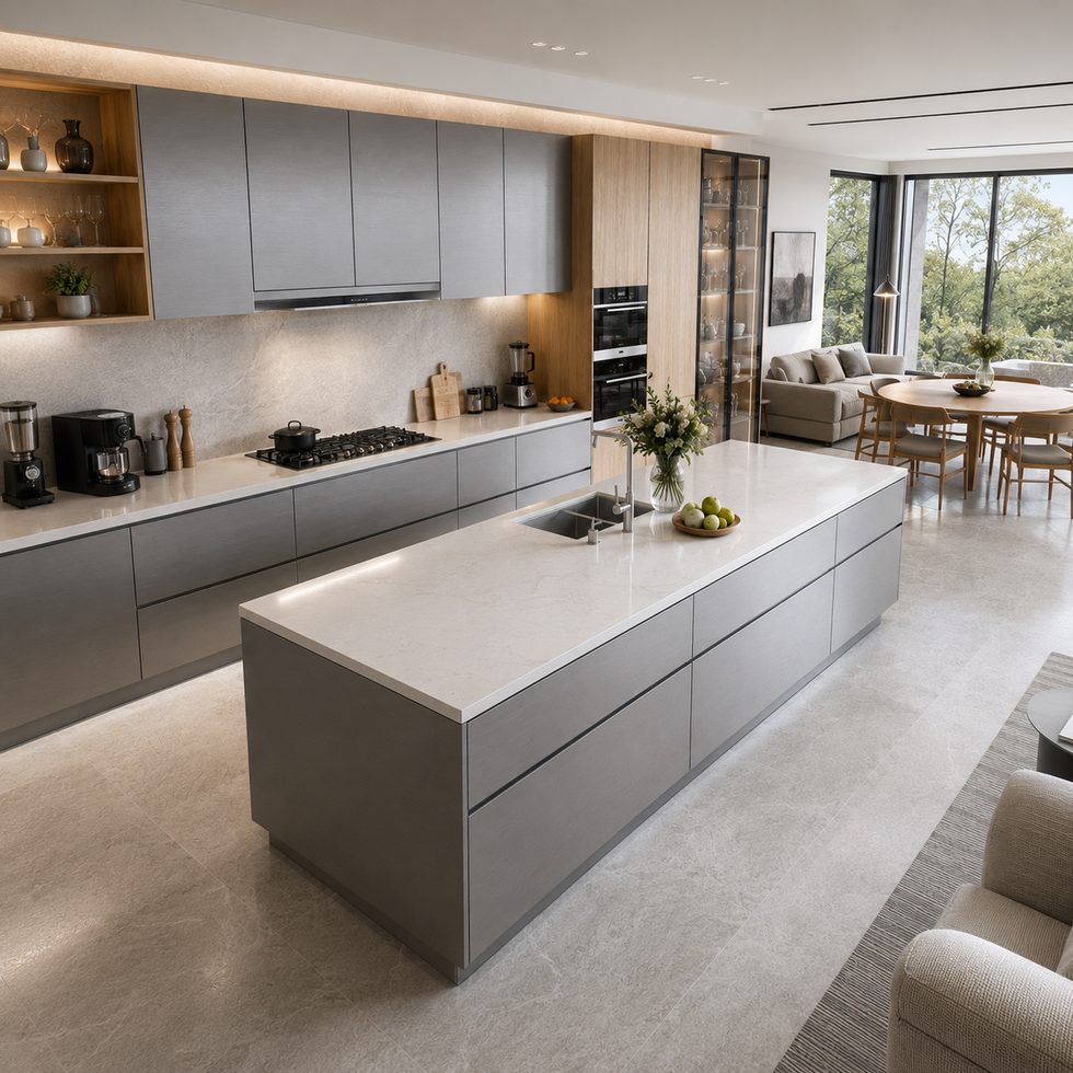 Modern Gray Flat-Panel Kitchen Cabinets With Island and Wood-Look Display Storage